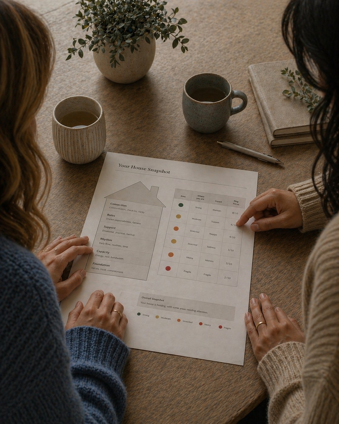 Two people reviewing household results together at a table