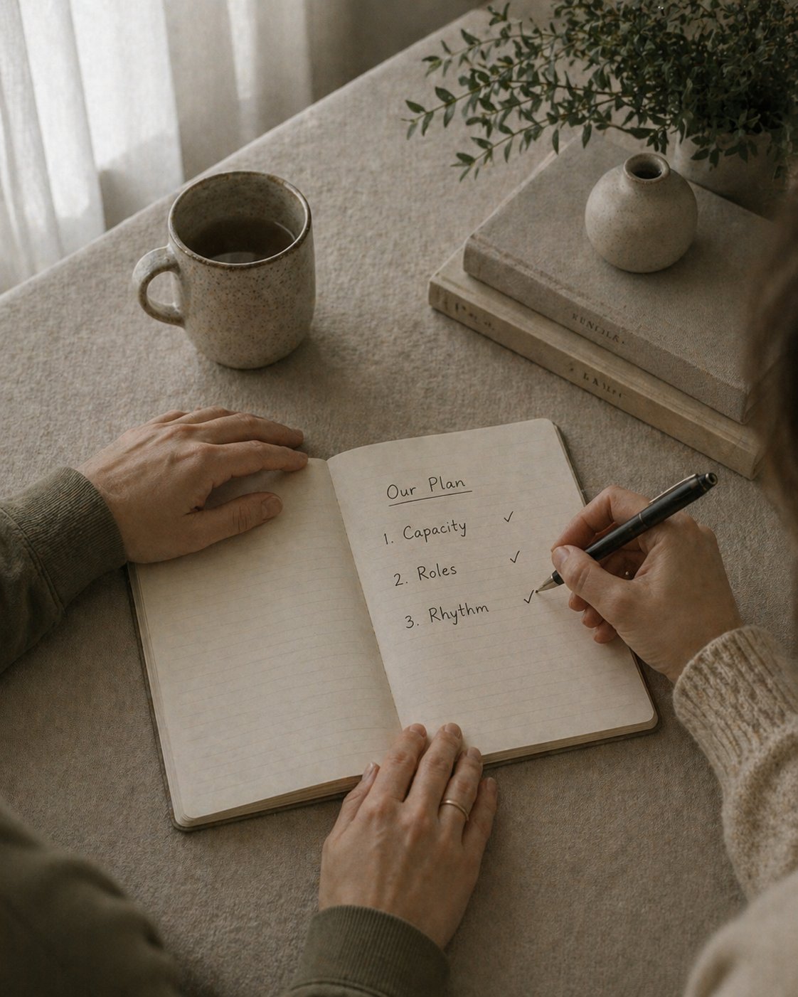 Two people creating a calm plan together